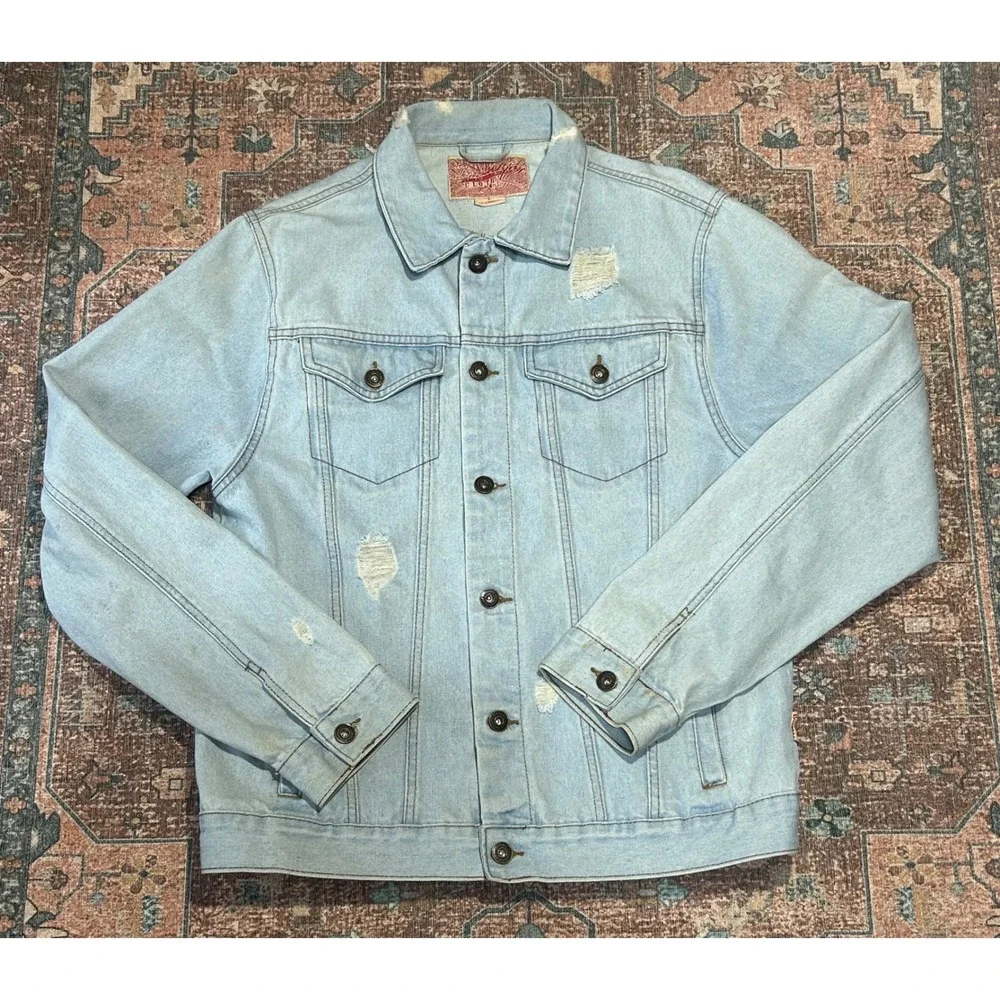 Brooklyn Cloth Mens Distressed Denim Jacket Light Wash Ripped Trucker Large